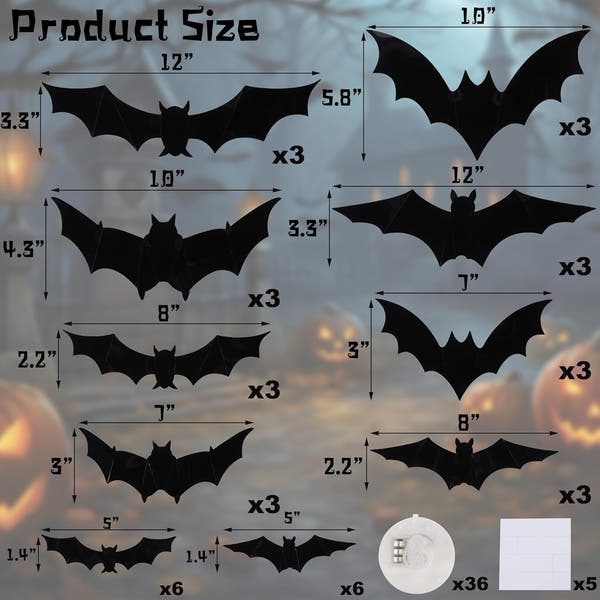 Hauntiva™ Haunting Glow 3D Bat Decorations – 36 pcs